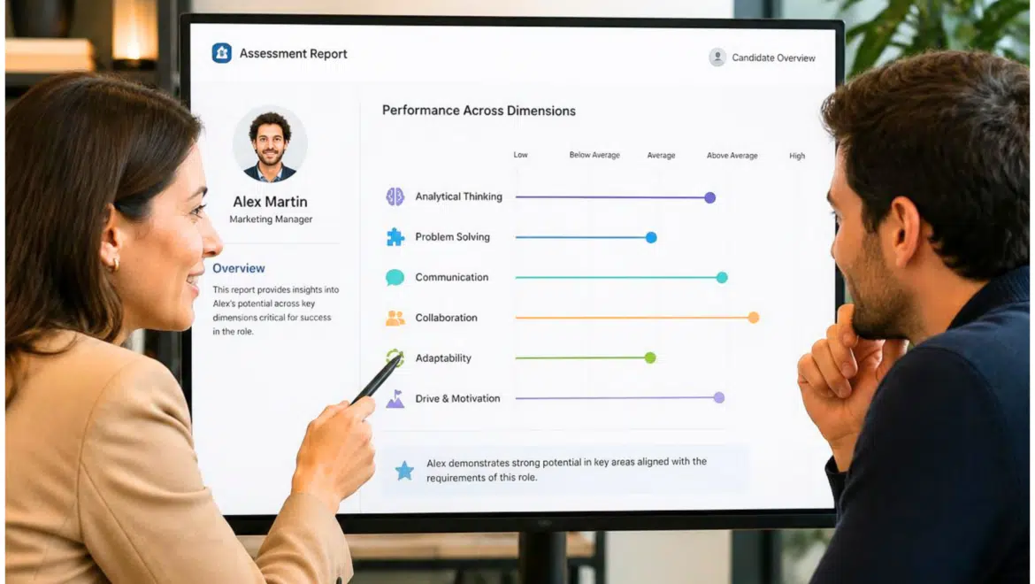 Recruteuse présentant les résultats d’un test psychométrique à un candidat
