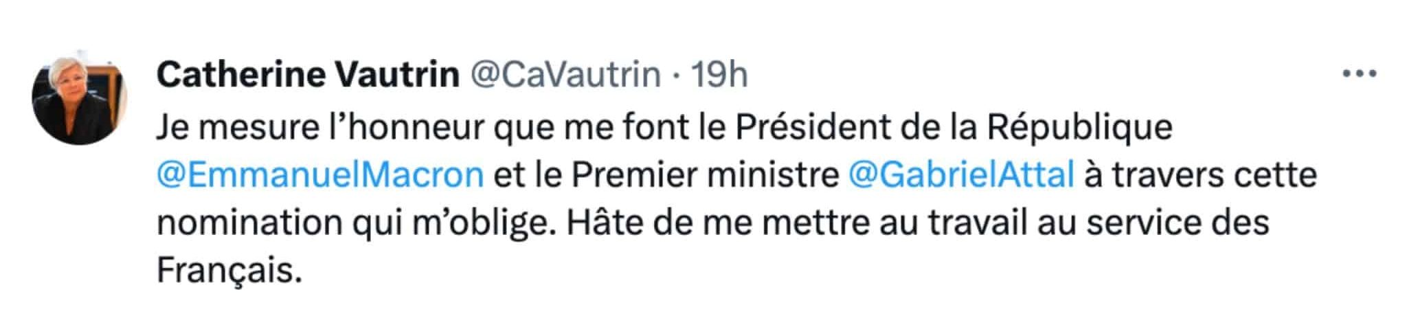 catherine vautrin, nouvelle ministre du travail, de la santé et des solidarités, son message sur X