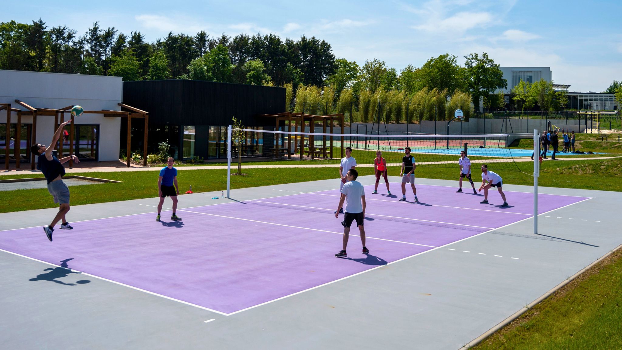 salariés pratiquent le sport en entreprise, match de volly ball