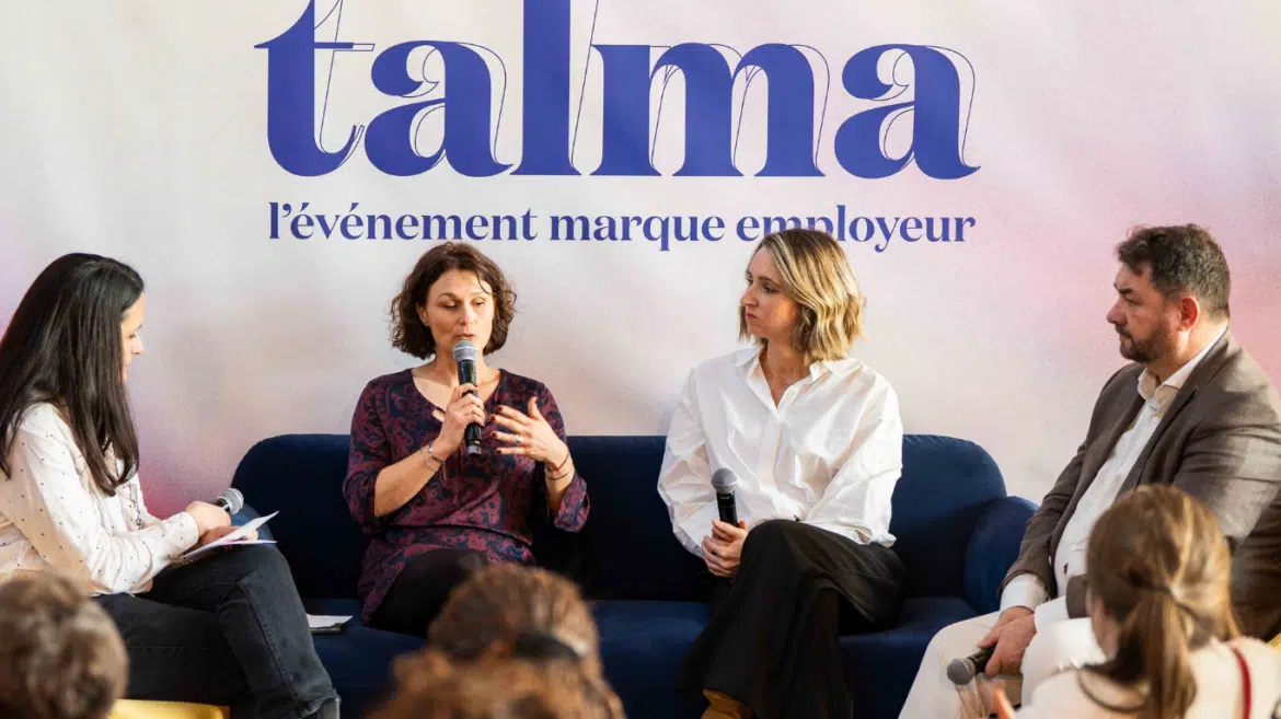 Juliette Jarry, DG de Huggy (plateforme de recrutement circulaire) lors de la conférence Talma aux côtés de Corinne Danthony (BNP Paribas) et Frédéric Faye (DRH Groupe Apicil)