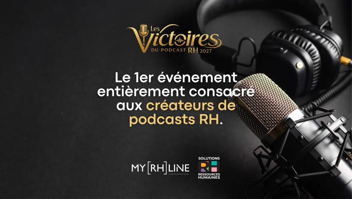 Trophée et micro de podcast pour annoncer les Victoires du podcast RH 2027 par myRHline