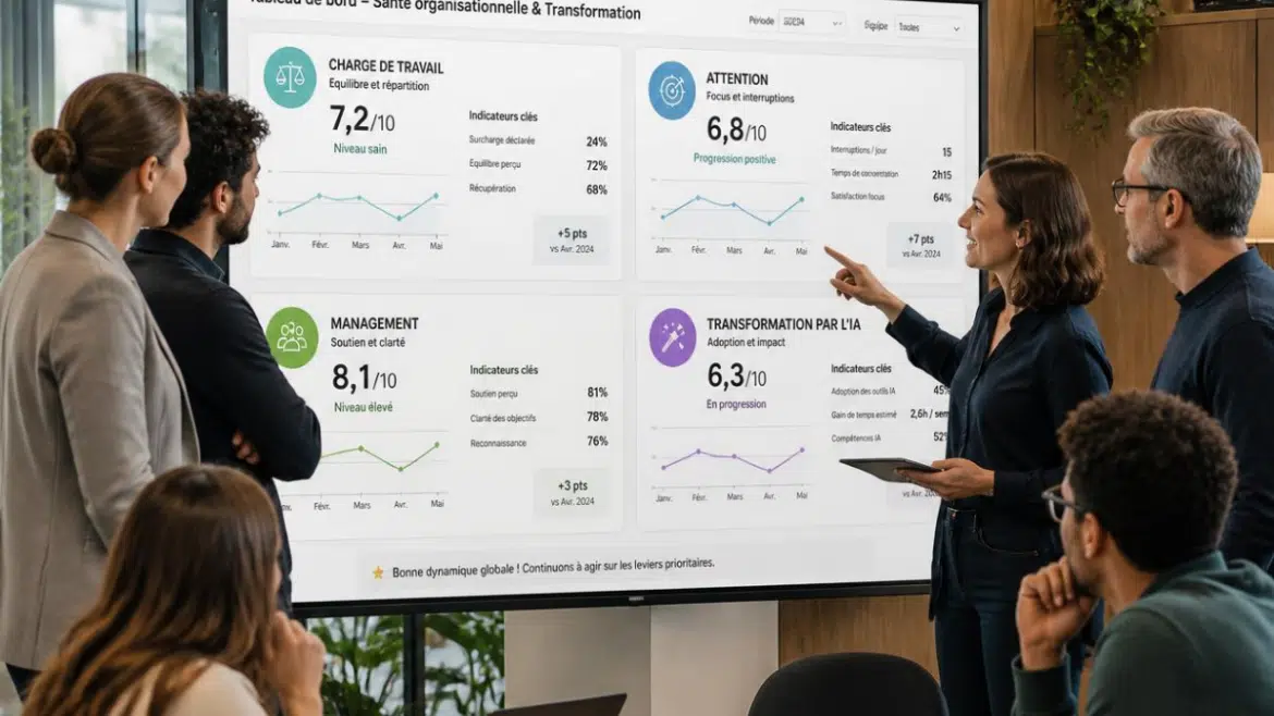 Équipe RH analysant la charge de travail, les indicateurs QVCT et les effets de l’intelligence artificielle